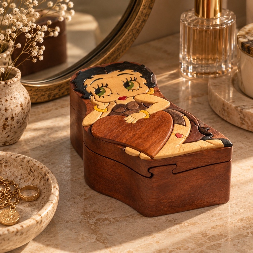 Vintage Betty Boop Wooden Secret Puzzle Box Handcrafted Intarsia Trinket Jewelry